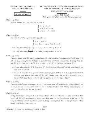 Kì thi chọn đội tuyển học sinh giỏi lớp 12 cấp thành phố - Năm học 2012 - 2013 môn Toán